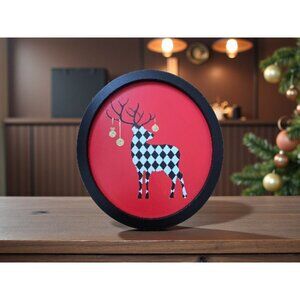 New Christmas Red Black & White Modern Checkered Deer Oval Holiday Wall Art